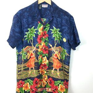 RON JON Mens Small  Printed Retro Hawaiian Short Sleeve Shirt Hula Girls